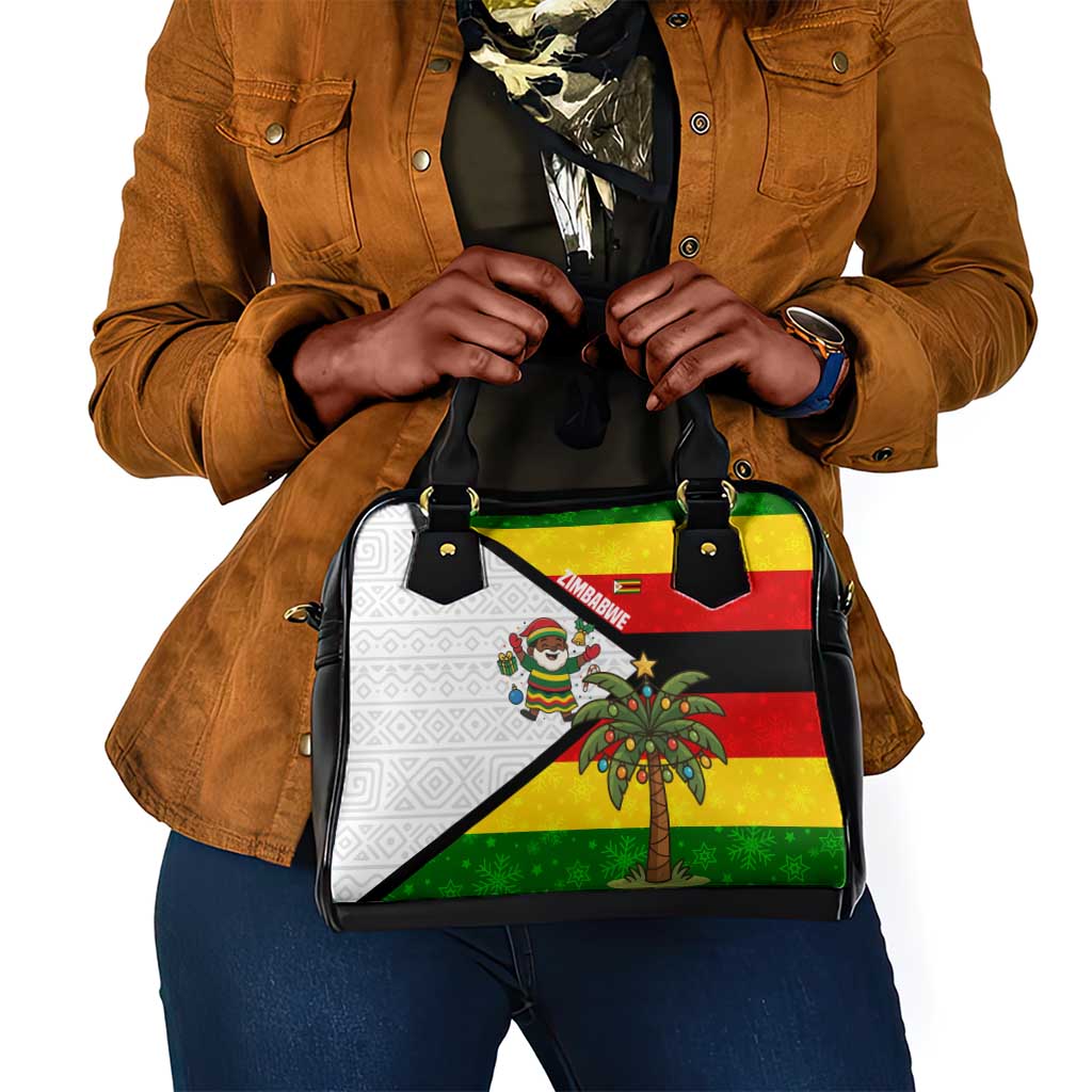 Zimbabwe Christmas Shoulder Handbag Festive Santa Palm Tree and Red Yellow Green Flag - African Pride