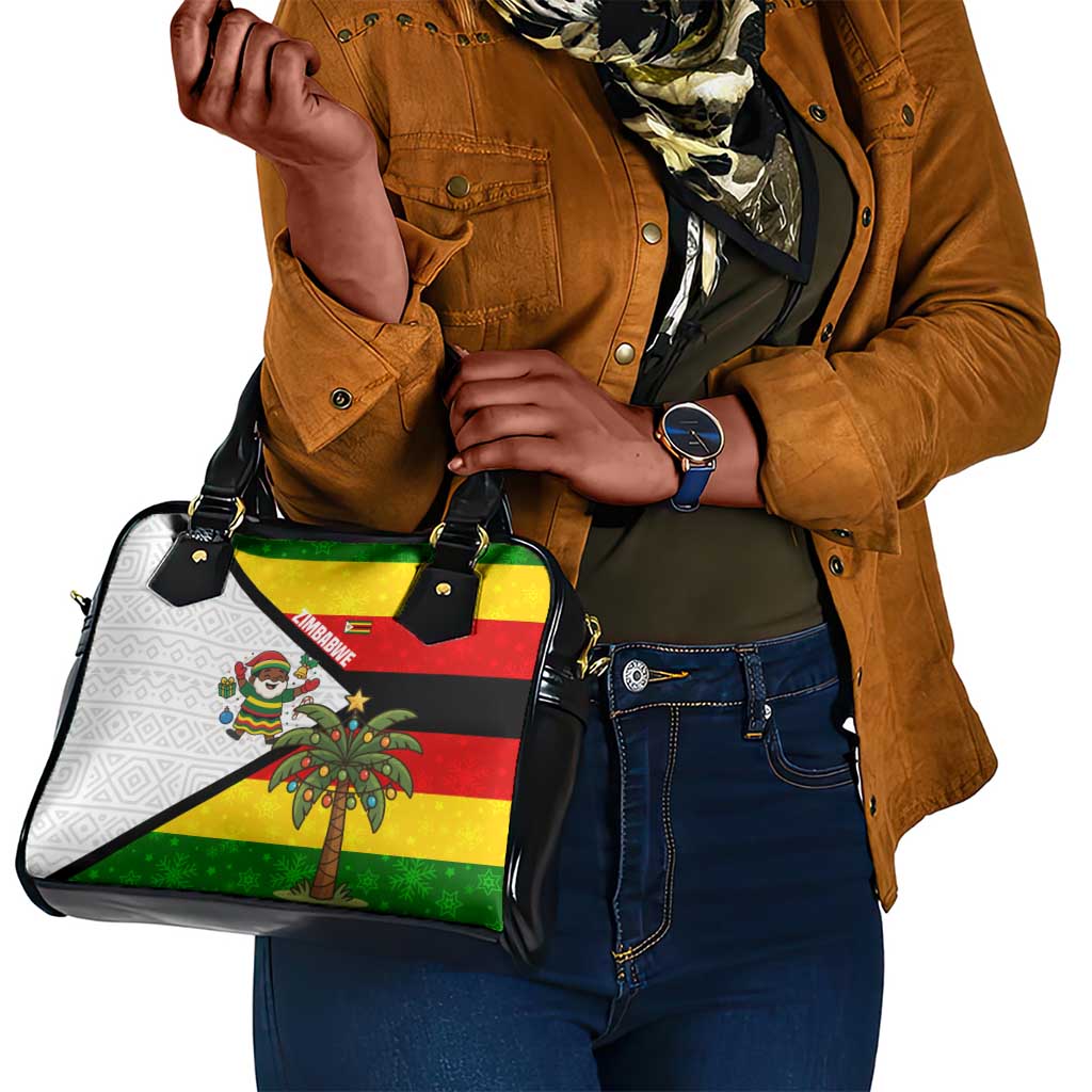 Zimbabwe Christmas Shoulder Handbag Festive Santa Palm Tree and Red Yellow Green Flag - African Pride