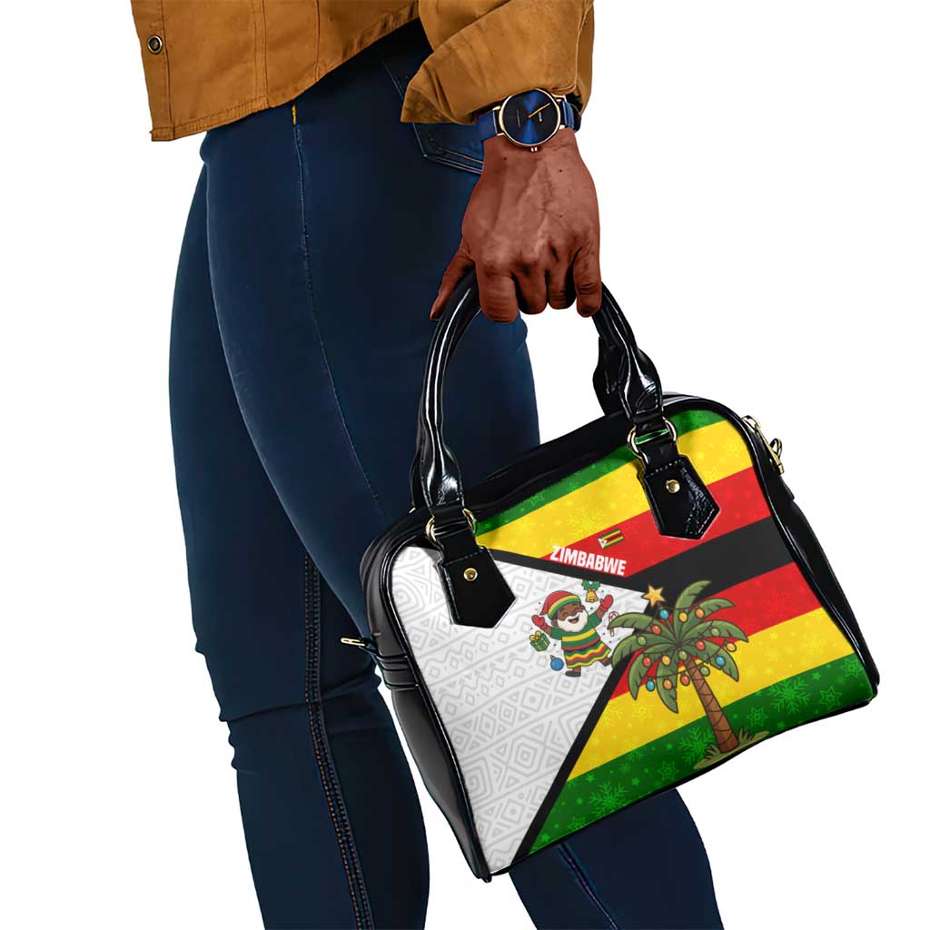 Zimbabwe Christmas Shoulder Handbag Festive Santa Palm Tree and Red Yellow Green Flag - African Pride