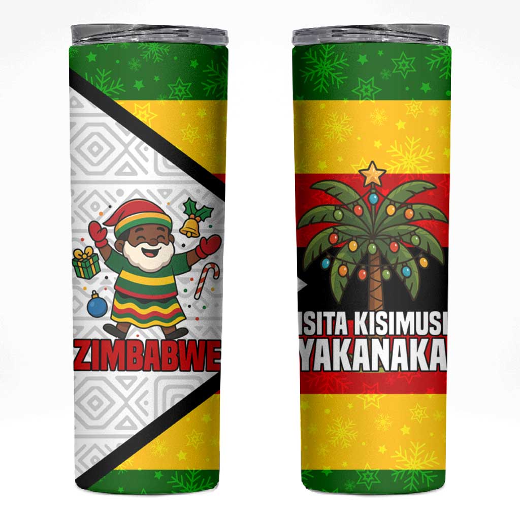 Zimbabwe Christmas Skinny Tumbler Festive Santa Palm Tree and Red Yellow Green Flag - African Pride