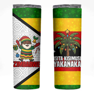 Zimbabwe Christmas Skinny Tumbler Festive Santa Palm Tree and Red Yellow Green Flag - African Pride
