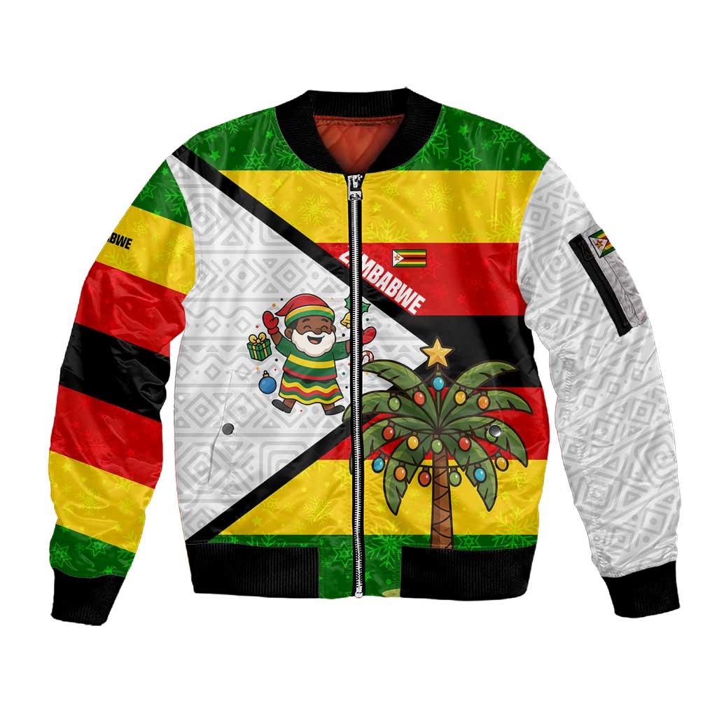 Zimbabwe Christmas Sleeve Zip Bomber Jacket Festive Santa Palm Tree and Red Yellow Green Flag - African Pride