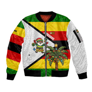 Zimbabwe Christmas Sleeve Zip Bomber Jacket Festive Santa Palm Tree and Red Yellow Green Flag - African Pride
