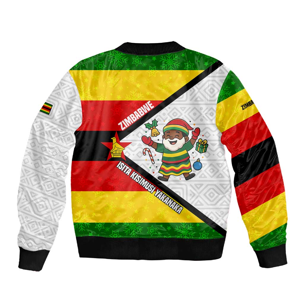 Zimbabwe Christmas Sleeve Zip Bomber Jacket Festive Santa Palm Tree and Red Yellow Green Flag - African Pride