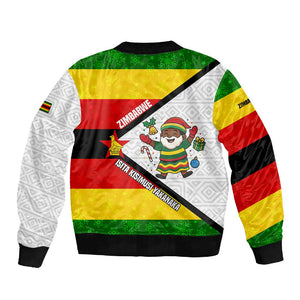 Zimbabwe Christmas Sleeve Zip Bomber Jacket Festive Santa Palm Tree and Red Yellow Green Flag - African Pride