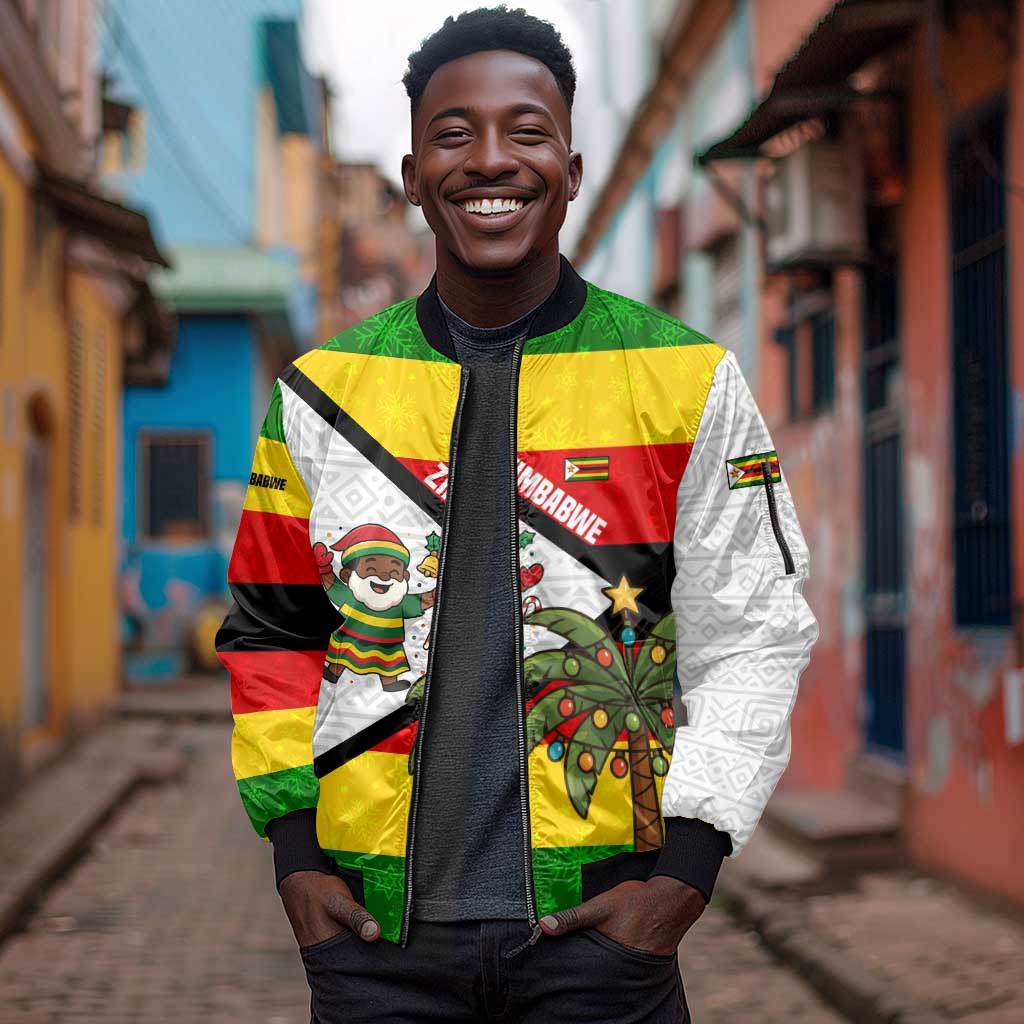 Zimbabwe Christmas Sleeve Zip Bomber Jacket Festive Santa Palm Tree and Red Yellow Green Flag - African Pride