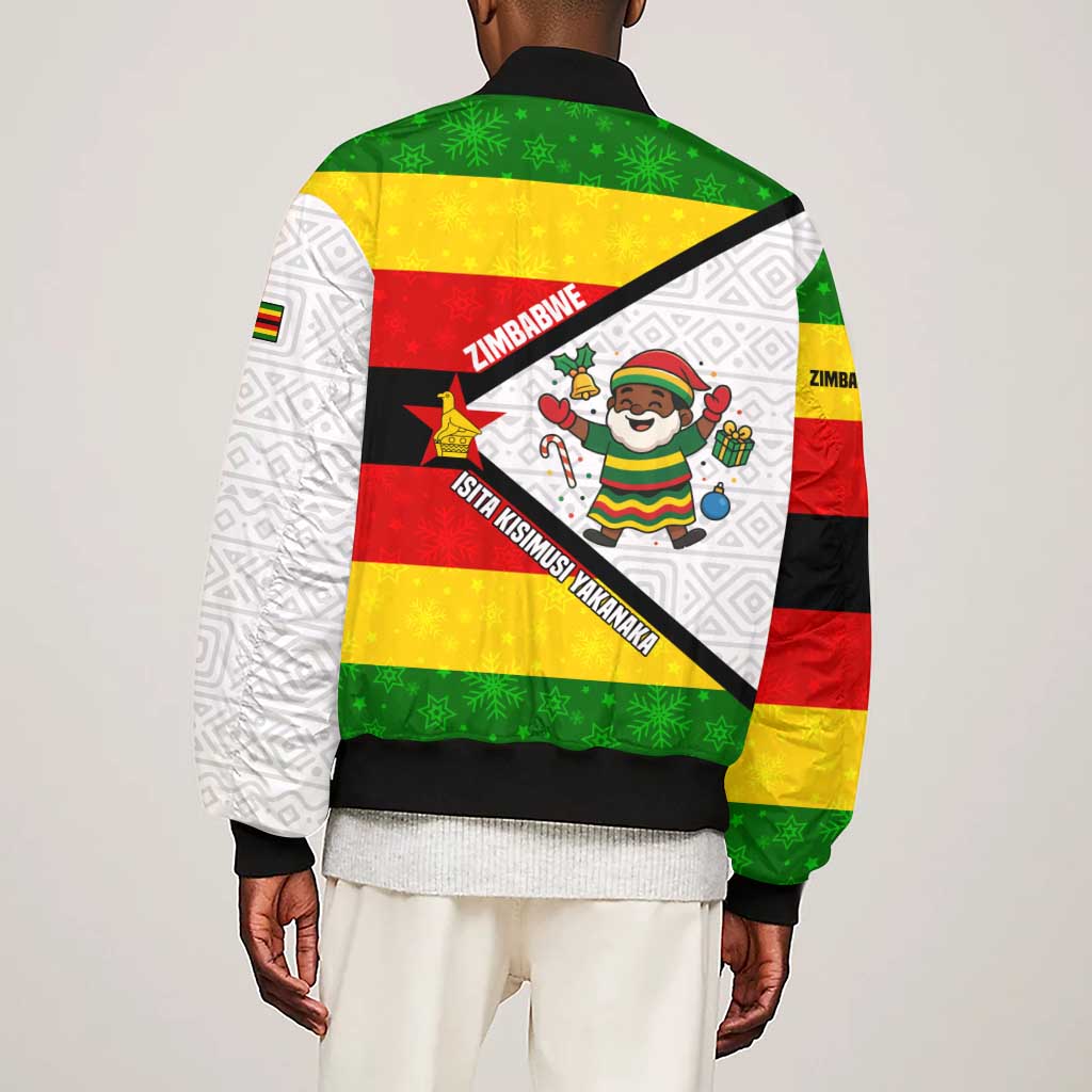Zimbabwe Christmas Sleeve Zip Bomber Jacket Festive Santa Palm Tree and Red Yellow Green Flag - African Pride