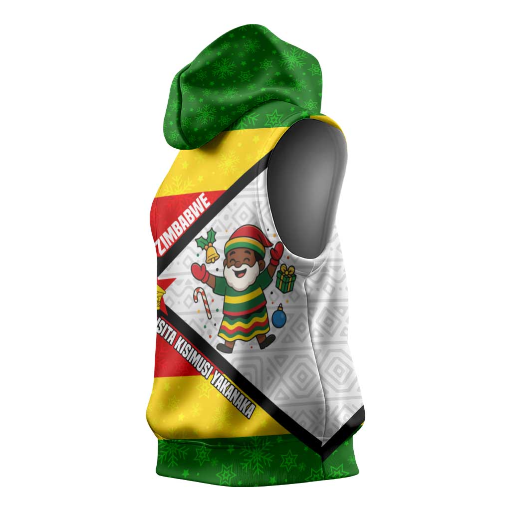 Zimbabwe Christmas Sleeveless Hoodie Festive Santa Palm Tree and Red Yellow Green Flag - African Pride