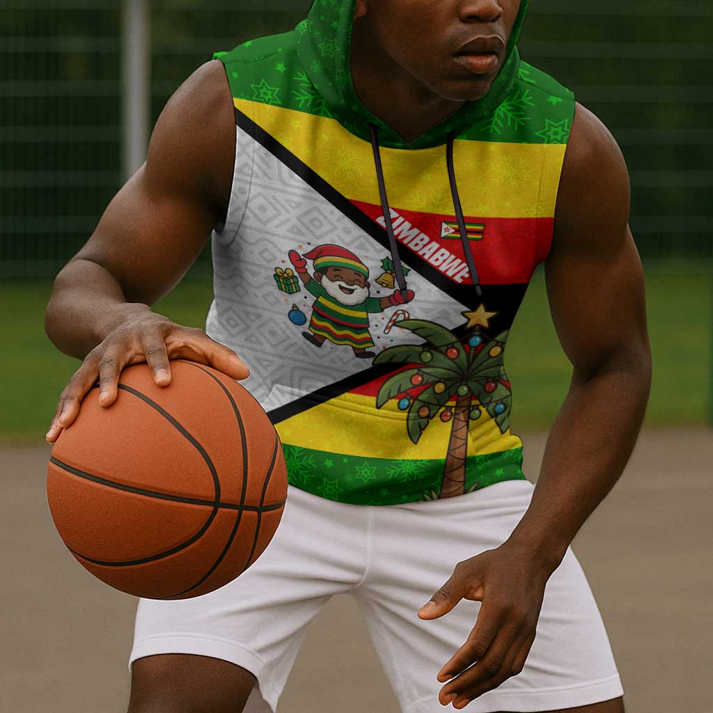 Zimbabwe Christmas Sleeveless Hoodie Festive Santa Palm Tree and Red Yellow Green Flag - African Pride