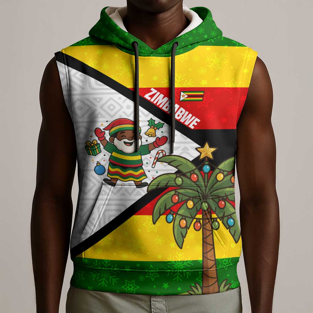 Zimbabwe Christmas Sleeveless Hoodie Festive Santa Palm Tree and Red Yellow Green Flag - African Pride