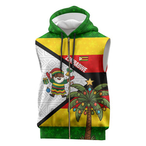 Zimbabwe Christmas Sleeveless Zip Hoodie Festive Santa Palm Tree and Red Yellow Green Flag - African Pride