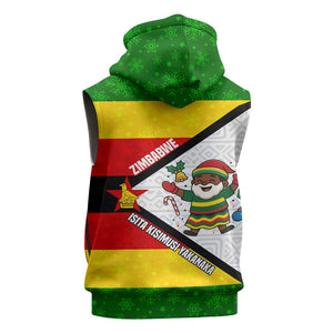 Zimbabwe Christmas Sleeveless Zip Hoodie Festive Santa Palm Tree and Red Yellow Green Flag - African Pride