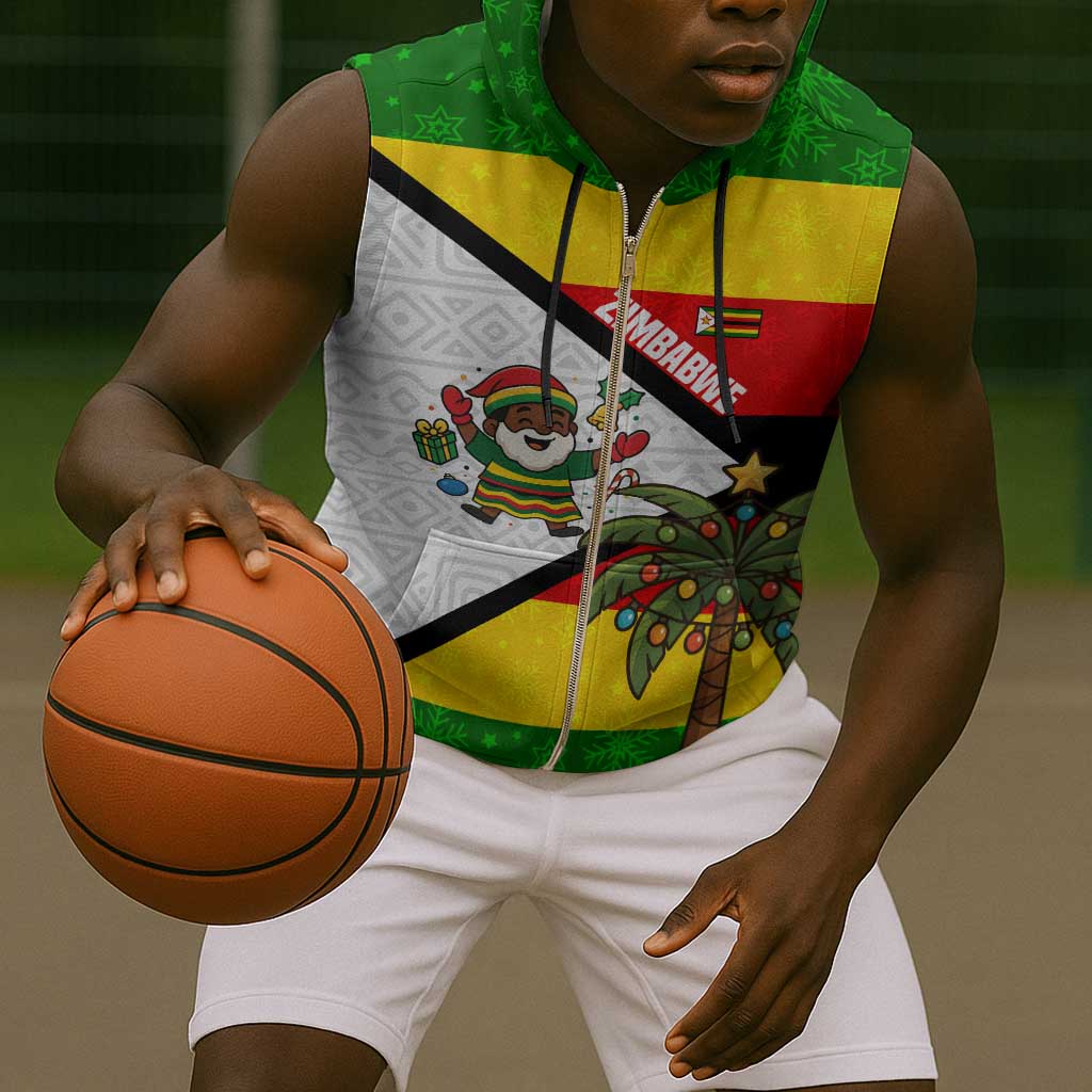 Zimbabwe Christmas Sleeveless Zip Hoodie Festive Santa Palm Tree and Red Yellow Green Flag - African Pride