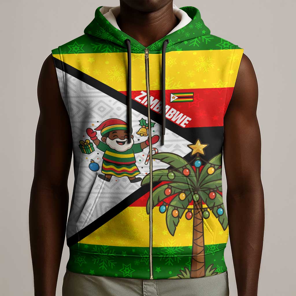 Zimbabwe Christmas Sleeveless Zip Hoodie Festive Santa Palm Tree and Red Yellow Green Flag - African Pride