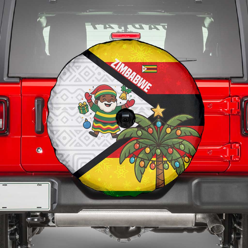 Zimbabwe Christmas Spare Tire Cover Festive Santa Palm Tree and Red Yellow Green Flag - African Pride