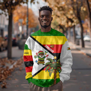Zimbabwe Christmas Sweatshirt Festive Santa Palm Tree and Red Yellow Green Flag - African Pride