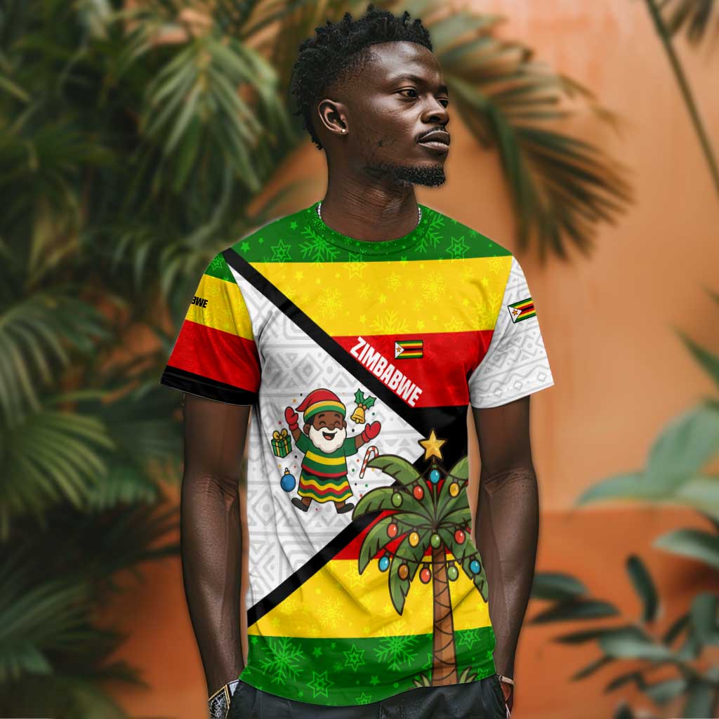 Zimbabwe Christmas T shirt Festive Santa Palm Tree and Red Yellow Green Flag - African Pride