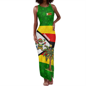 Zimbabwe Christmas Tank Maxi Dress Festive Santa Palm Tree and Red Yellow Green Flag - African Pride