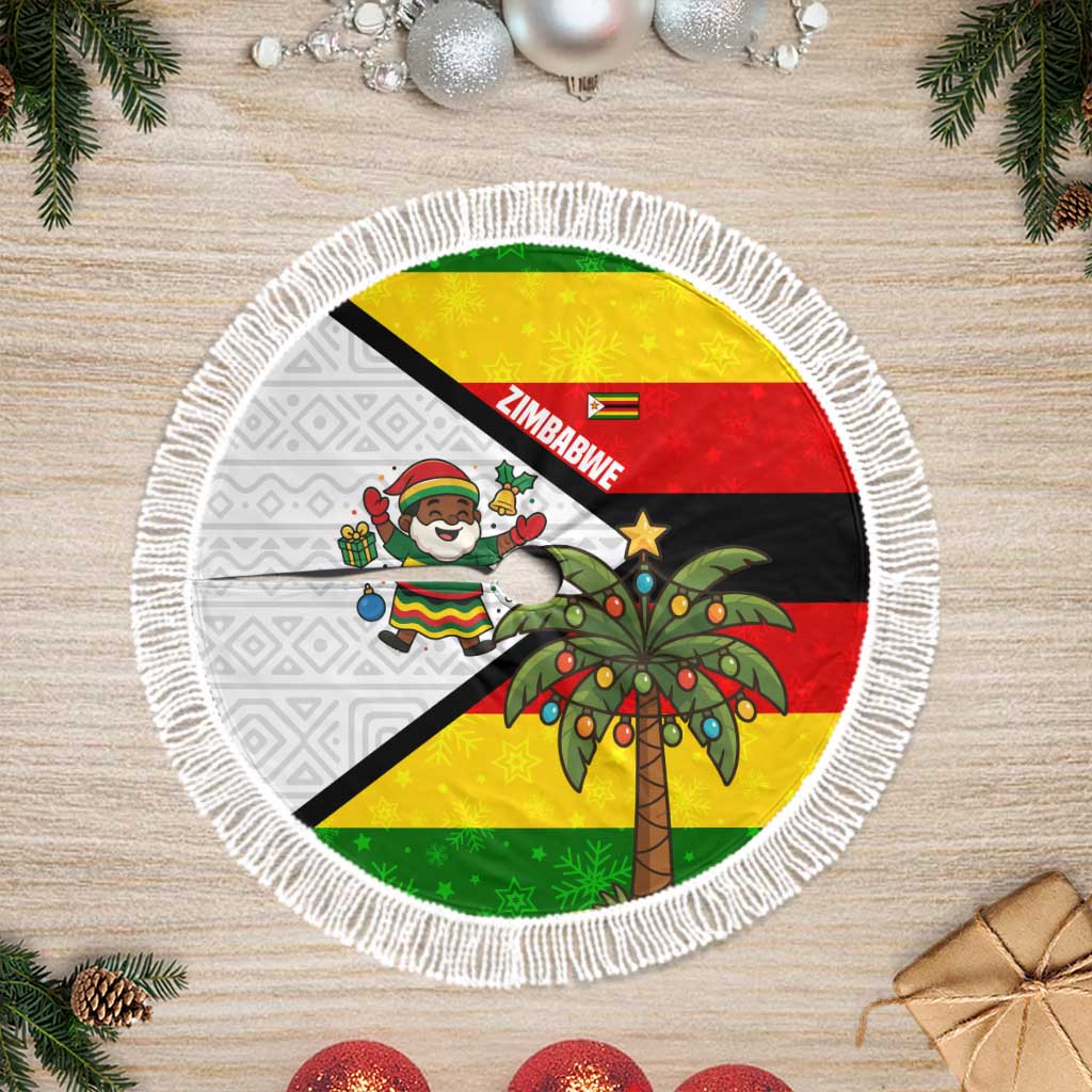 Zimbabwe Christmas Tree Skirt Festive Santa Palm Tree and Red Yellow Green Flag - African Pride