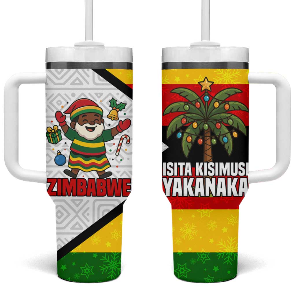 Zimbabwe Christmas Tumbler With Handle Festive Santa Palm Tree and Red Yellow Green Flag - African Pride