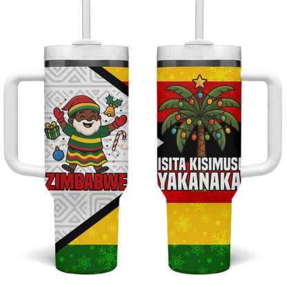 Zimbabwe Christmas Tumbler With Handle Festive Santa Palm Tree and Red Yellow Green Flag - African Pride