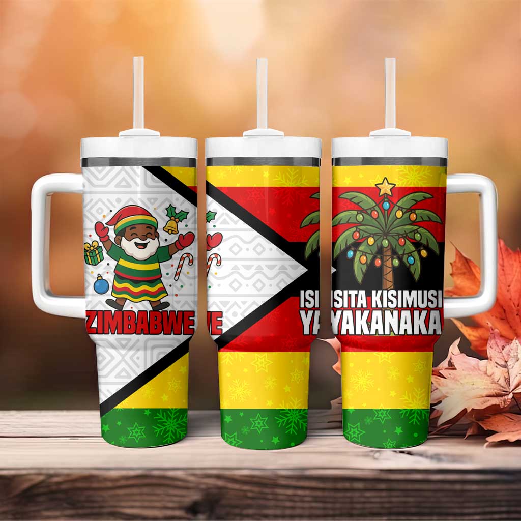 Zimbabwe Christmas Tumbler With Handle Festive Santa Palm Tree and Red Yellow Green Flag - African Pride