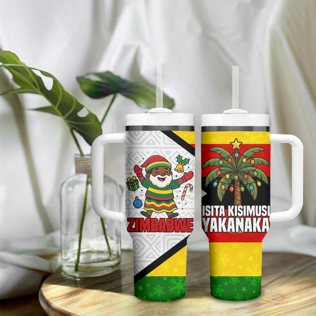 Zimbabwe Christmas Tumbler With Handle Festive Santa Palm Tree and Red Yellow Green Flag - African Pride