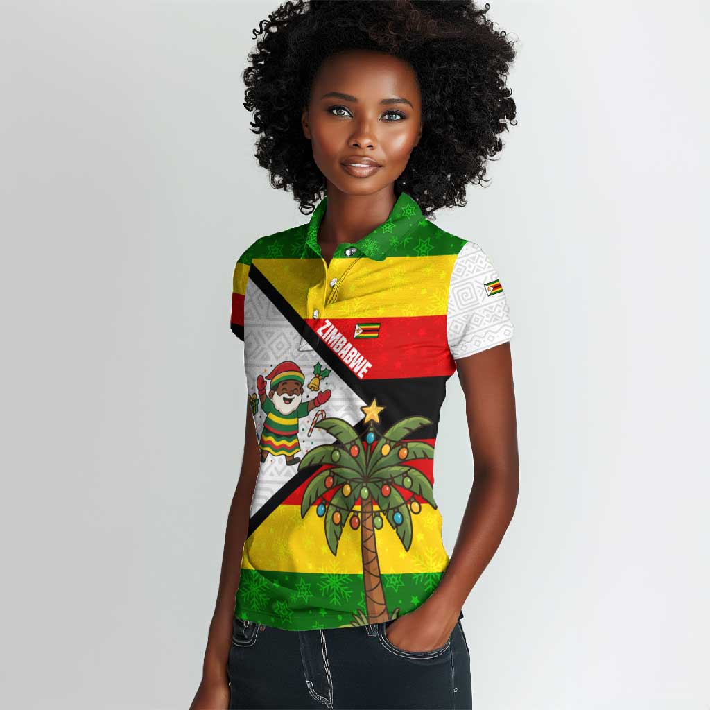 Zimbabwe Christmas Women Polo Shirt Festive Santa Palm Tree and Red Yellow Green Flag - African Pride
