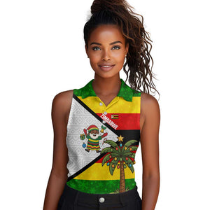 Zimbabwe Christmas Women Sleeveless Polo Shirt Festive Santa Palm Tree and Red Yellow Green Flag - African Pride