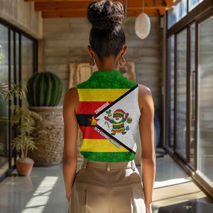 Zimbabwe Christmas Women Sleeveless Polo Shirt Festive Santa Palm Tree and Red Yellow Green Flag - African Pride
