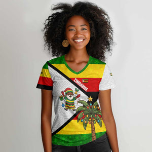 Zimbabwe Christmas Women V-Neck T-Shirt Festive Santa Palm Tree and Red Yellow Green Flag - African Pride
