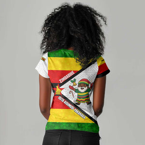 Zimbabwe Christmas Women V-Neck T-Shirt Festive Santa Palm Tree and Red Yellow Green Flag - African Pride