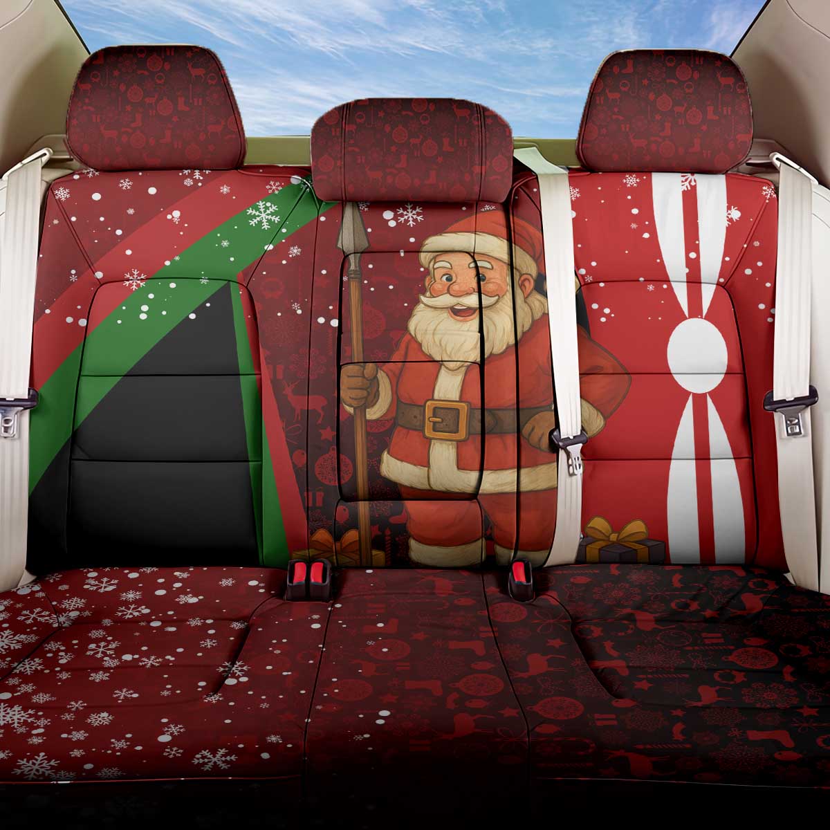 Kenya Christmas Back Car Seat Cover Santa Claus Spear and Red Green Harambee Crest - African Pride