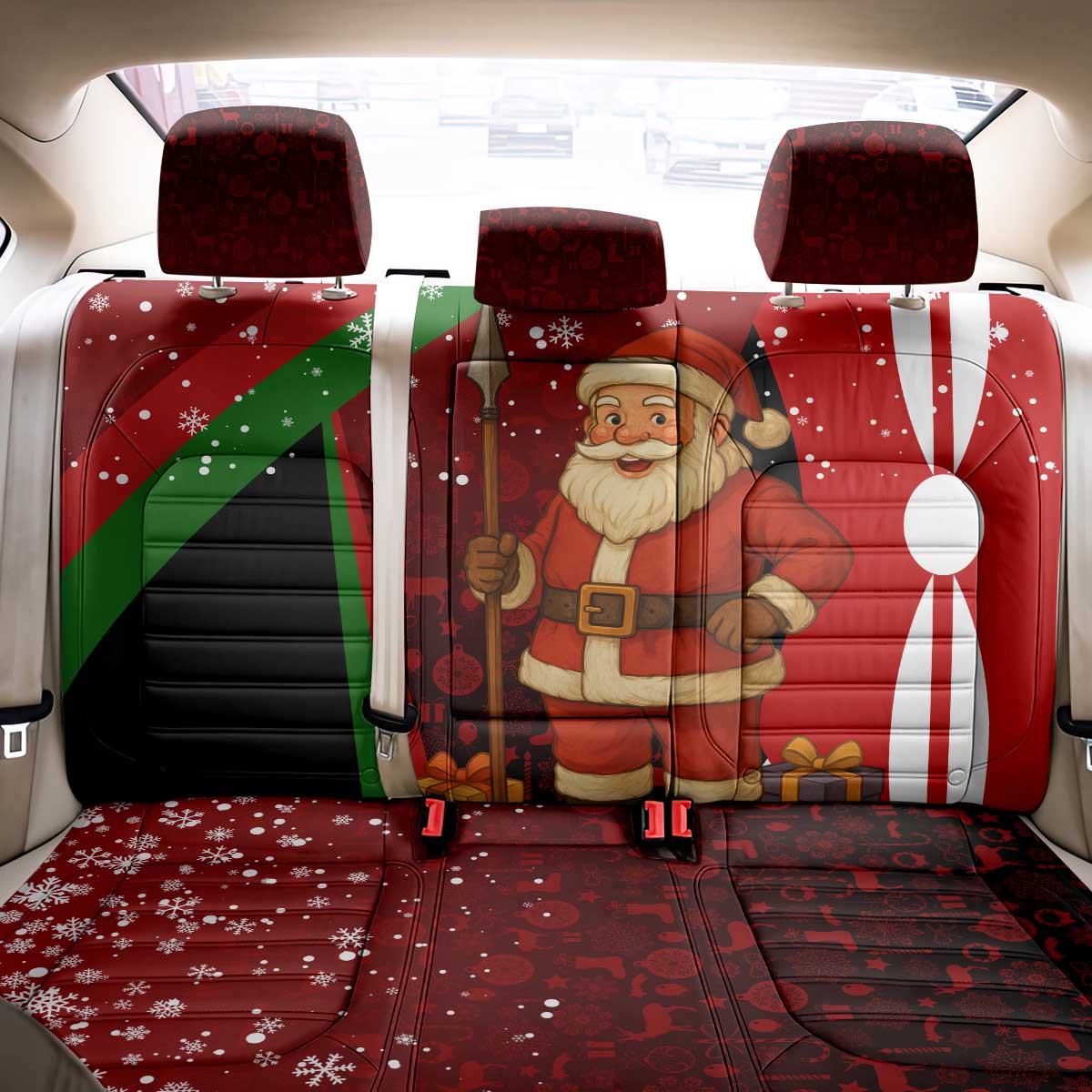 Kenya Christmas Back Car Seat Cover Santa Claus Spear and Red Green Harambee Crest - African Pride