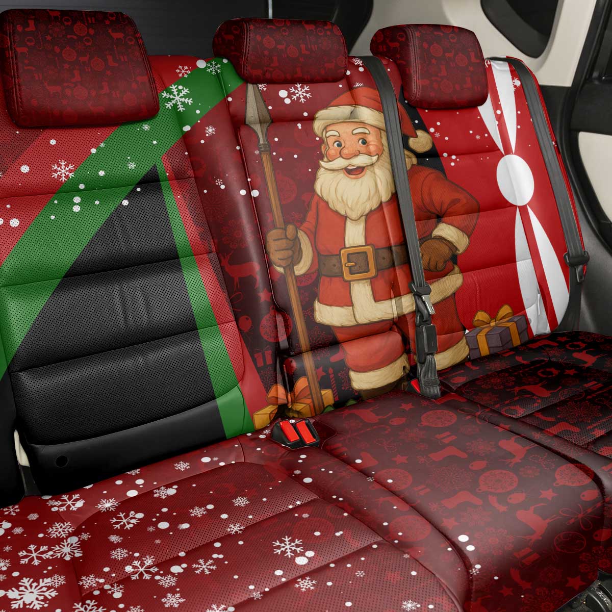 Kenya Christmas Back Car Seat Cover Santa Claus Spear and Red Green Harambee Crest - African Pride