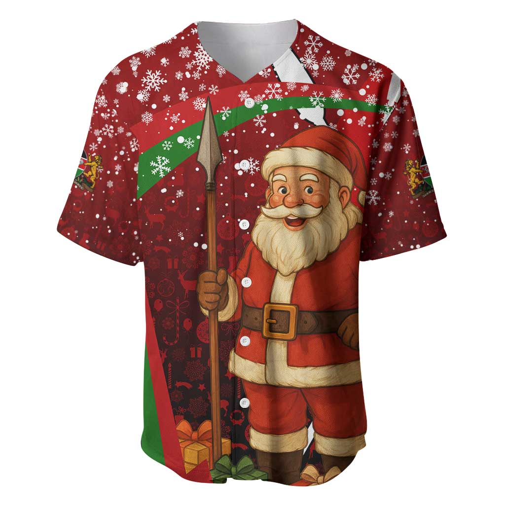 Kenya Christmas Baseball Jersey Santa Claus Spear and Red Green Harambee Crest - African Pride