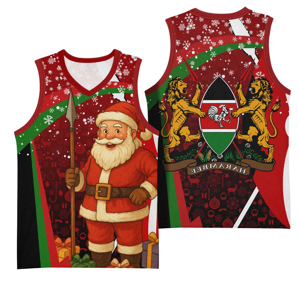 Kenya Christmas Basketball Jersey Santa Claus Spear and Red Green Harambee Crest - African Pride