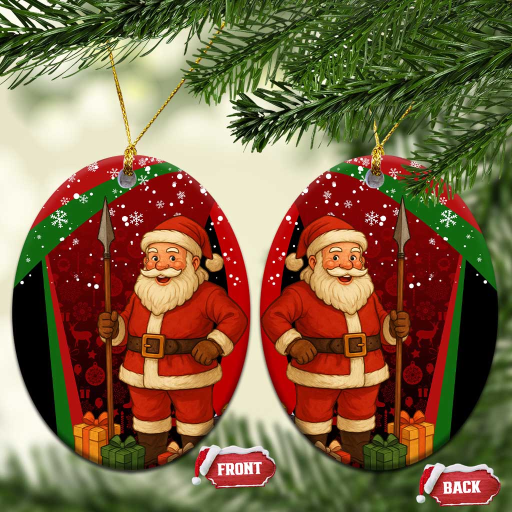 Kenya Christmas Ceramic Ornament Santa Claus Spear and Red Green Harambee Crest - African Pride