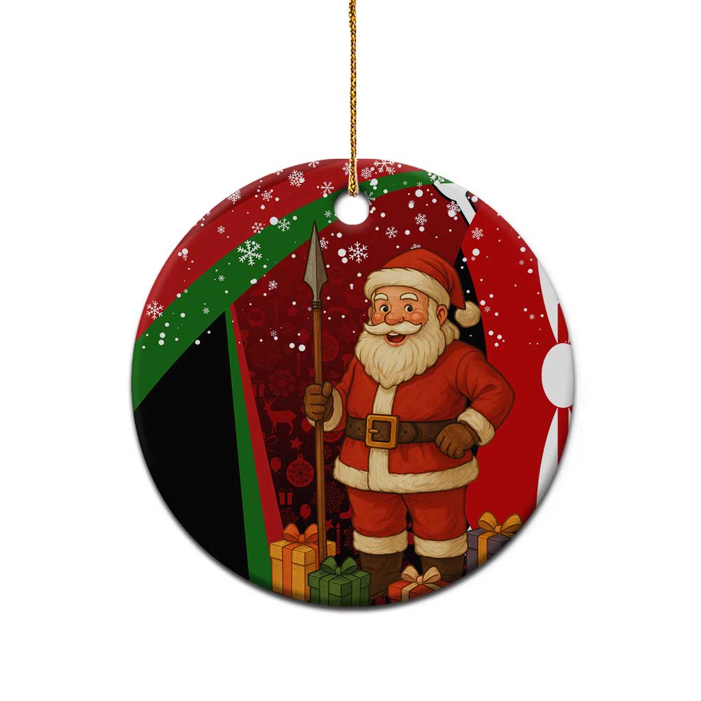 Kenya Christmas Ceramic Ornament Santa Claus Spear and Red Green Harambee Crest - African Pride