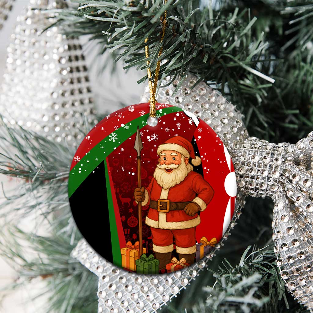 Kenya Christmas Ceramic Ornament Santa Claus Spear and Red Green Harambee Crest - African Pride