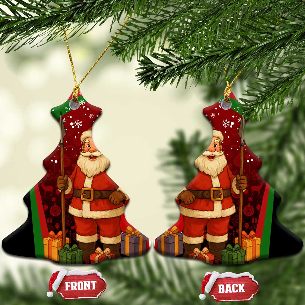 Kenya Christmas Ceramic Ornament Santa Claus Spear and Red Green Harambee Crest - African Pride