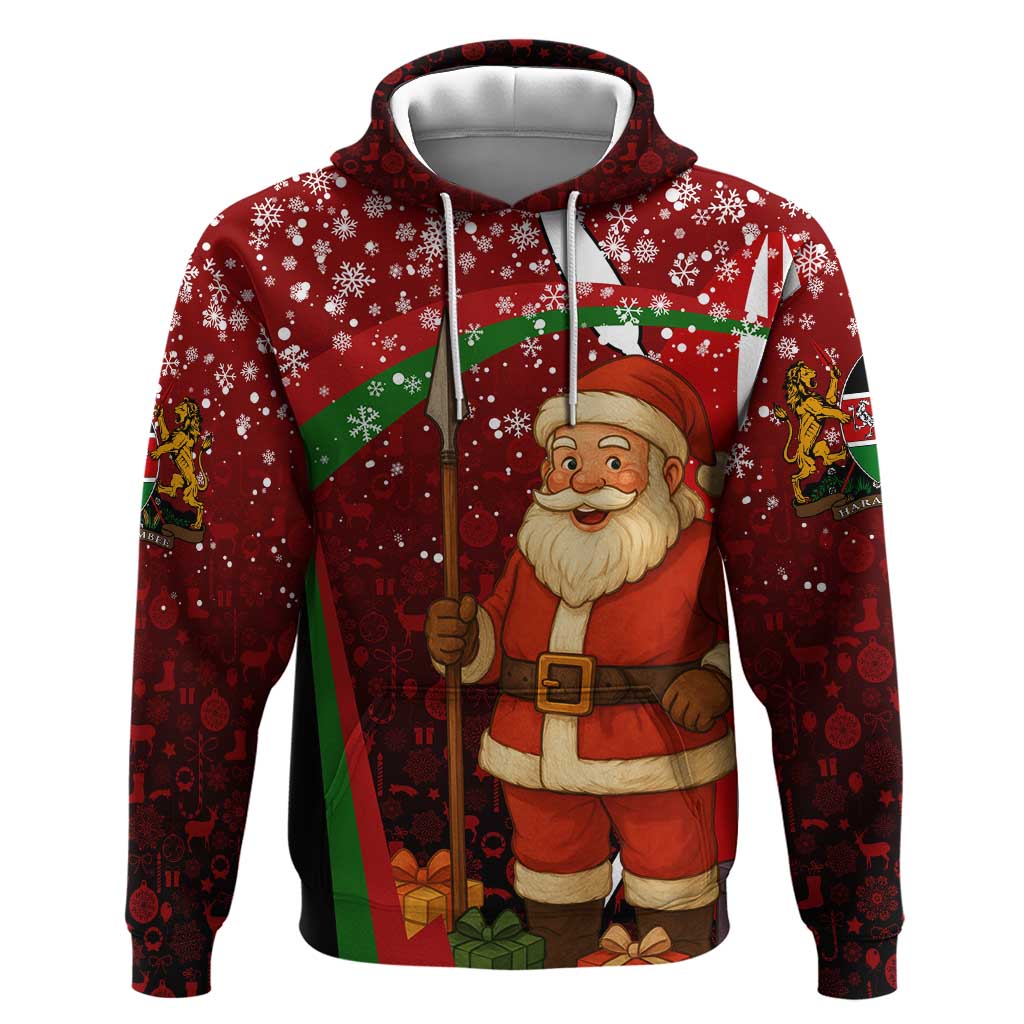 Kenya Christmas Hoodie Santa Claus Spear and Red Green Harambee Crest - African Pride
