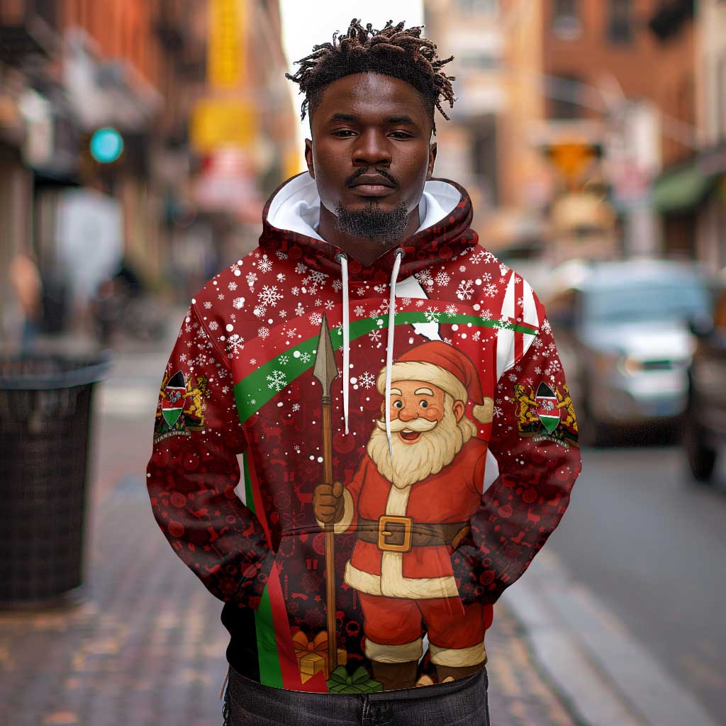 Kenya Christmas Hoodie Santa Claus Spear and Red Green Harambee Crest - African Pride
