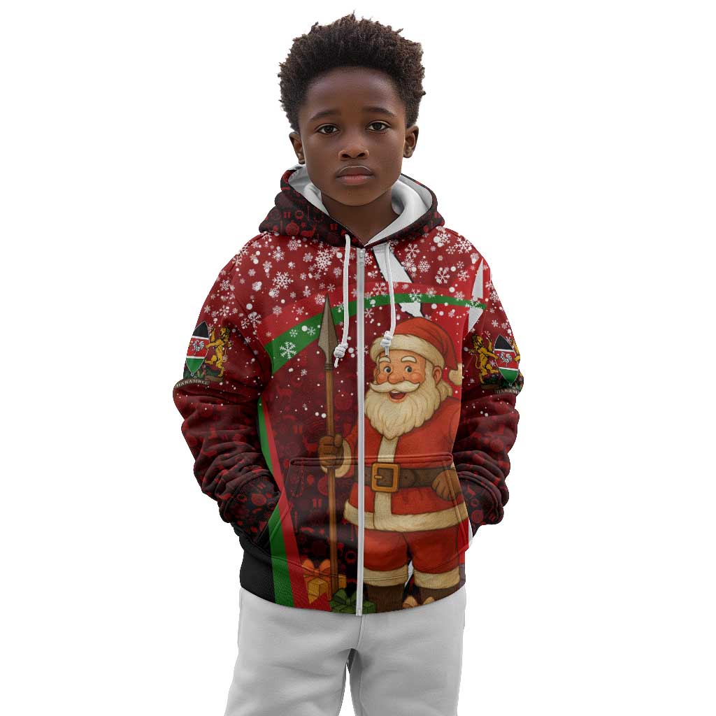 Kenya Christmas Kid Hoodie Santa Claus Spear and Red Green Harambee Crest - African Pride