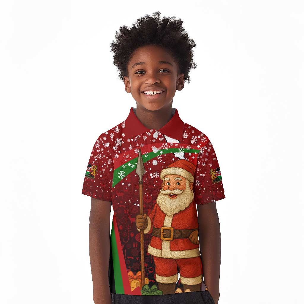 Kenya Christmas Kid Polo Shirt Santa Claus Spear and Red Green Harambee Crest - African Pride
