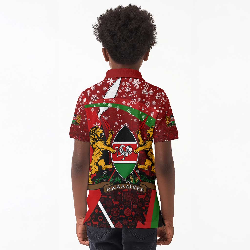 Kenya Christmas Kid Polo Shirt Santa Claus Spear and Red Green Harambee Crest - African Pride