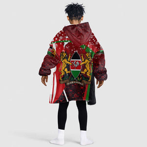 Kenya Christmas Kid Wearable Blanket Hoodie Santa Claus Spear and Red Green Harambee Crest - African Pride