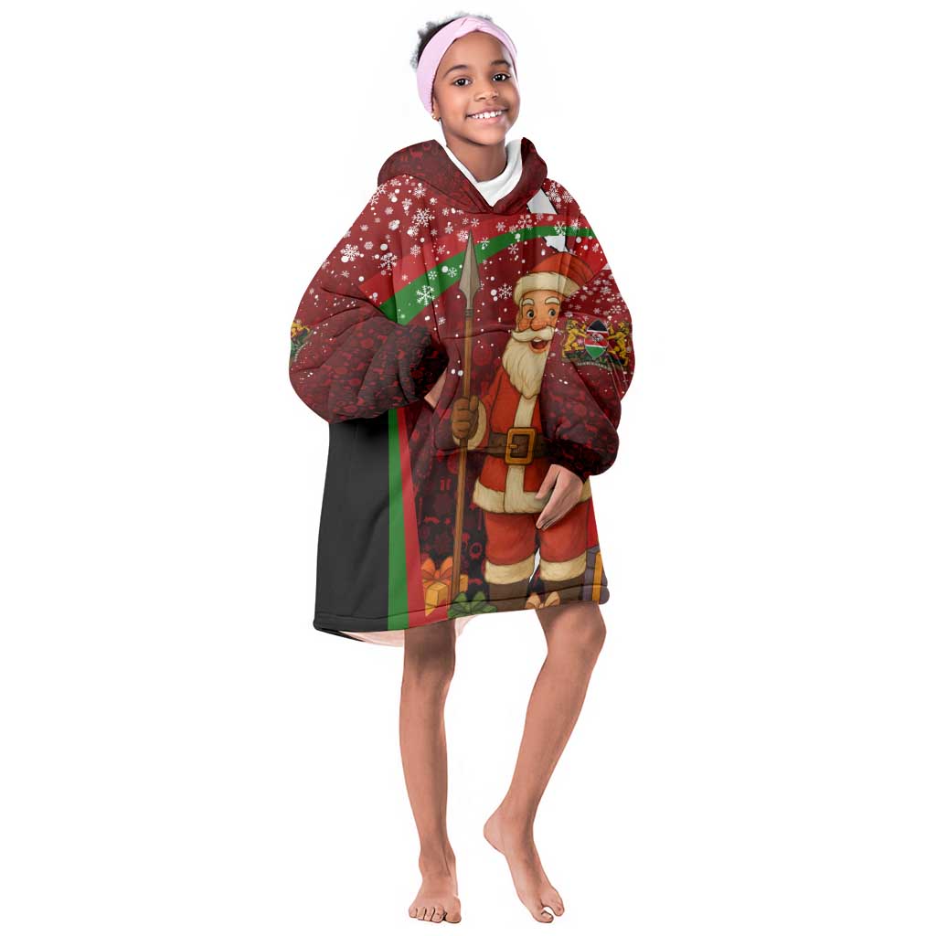 Kenya Christmas Kid Wearable Blanket Hoodie Santa Claus Spear and Red Green Harambee Crest - African Pride