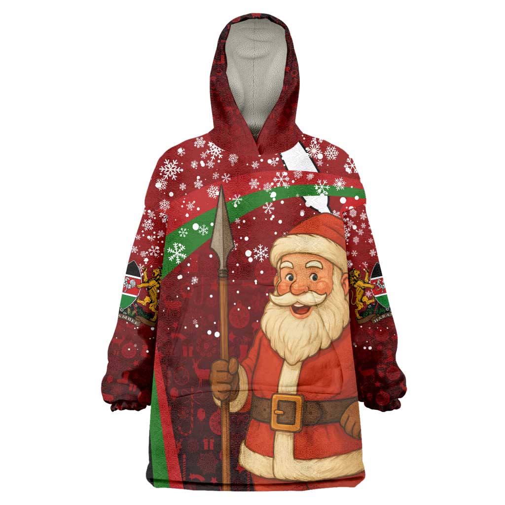Kenya Christmas Kid Wearable Blanket Hoodie Santa Claus Spear and Red Green Harambee Crest - African Pride