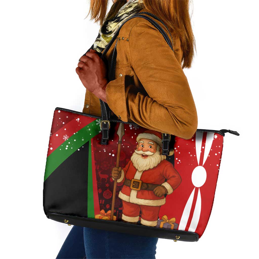Kenya Christmas Leather Tote Bag Santa Claus Spear and Red Green Harambee Crest - African Pride